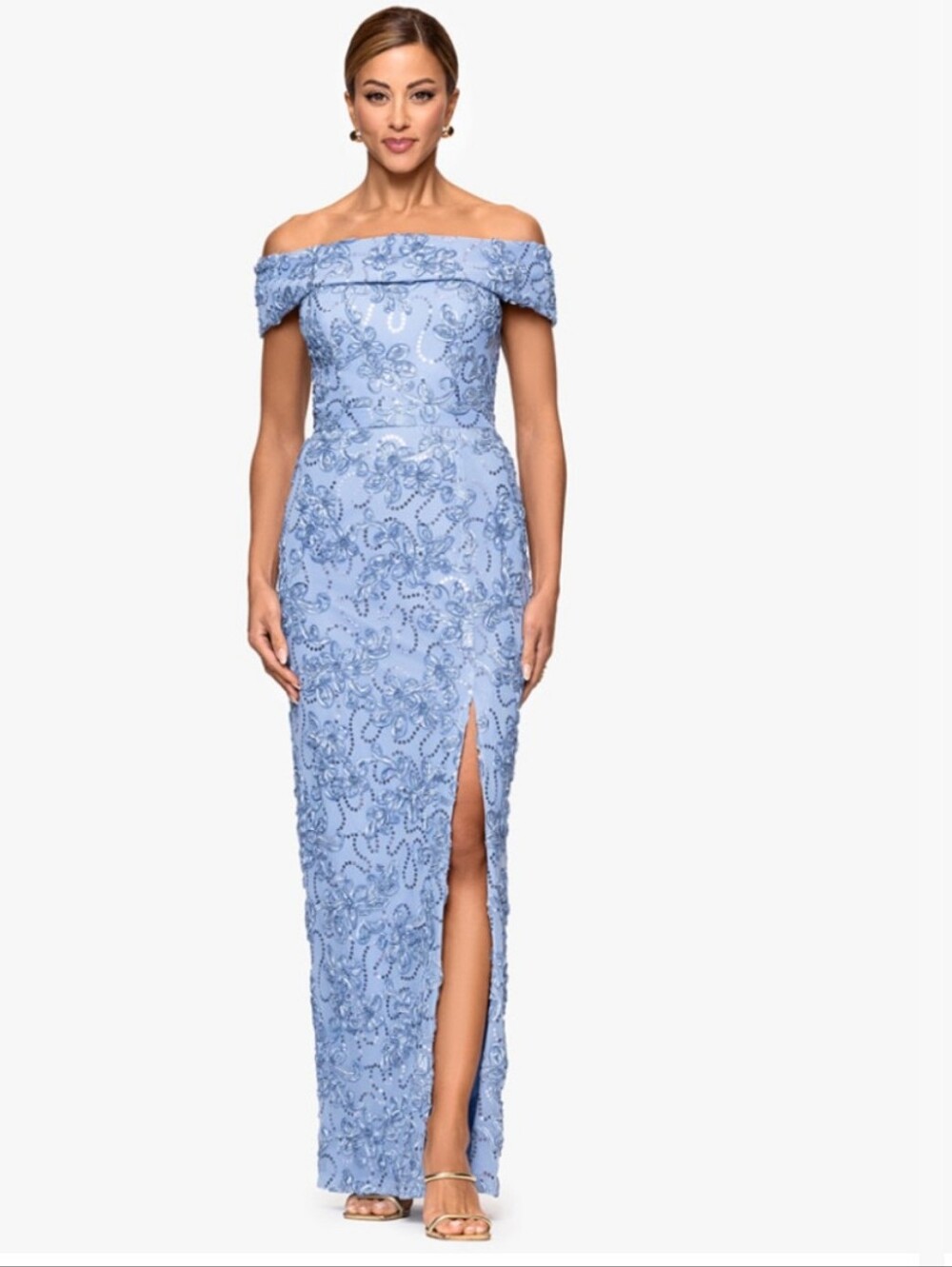 Xscape Light Blue One-Shoulder Beaded Evening Gown